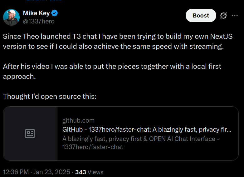 Tweet from Jan 23, 2025: "Can you build a AI Chat interface that is faster than ChatGPT with Next JS? Answer: YES"